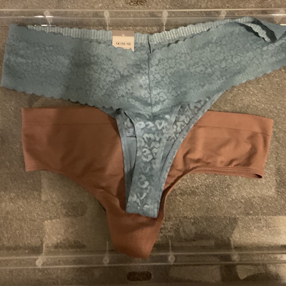 Auden Plus Size 1X Thong Underwear Set Blue Lace Heart & Mauve Solid 2 Pack